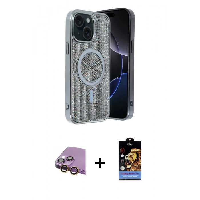MARSİLYAN™- iPhone 15 Kılıf Eksen Çizgi - Siyah Buffer Hayalet Cam Ekran Koruyucu + Raze Metal Kamera Lens - SI