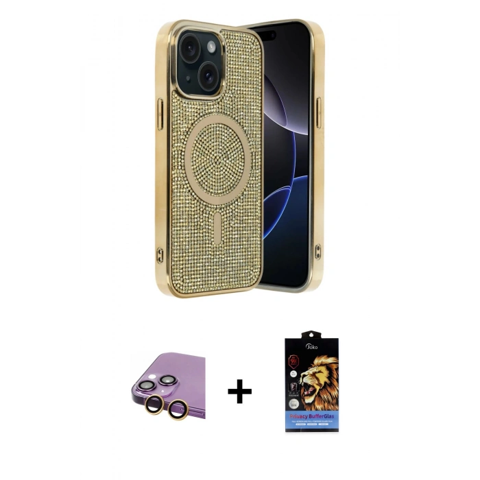 MARSİLYAN™- iPhone 15 Kılıf Eksen Çizgi - Siyah Buffer Hayalet Cam Ekran Koruyucu + Raze Metal Kamera Lens - SI