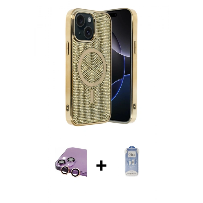 MARSİLYAN™- iPhone 15 Kılıf Eksen Çizgi - Siyah Joko Magic 5D Cam + Pembe Raze Metal Kamera Lens
