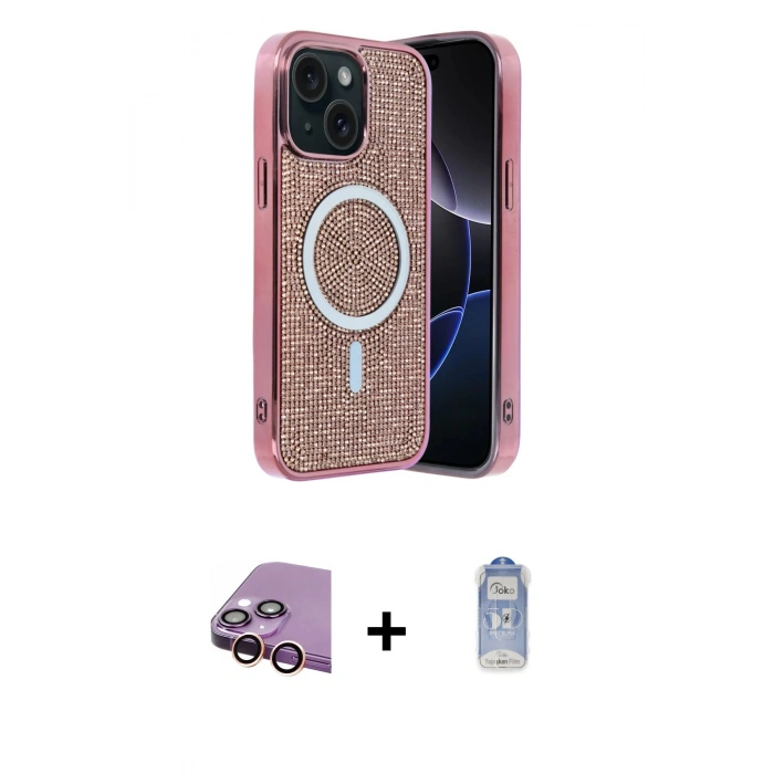 MARSİLYAN™- iPhone 15 Kılıf Eksen Çizgi - Siyah Joko Magic 5D Cam + Pembe Raze Metal Kamera Lens