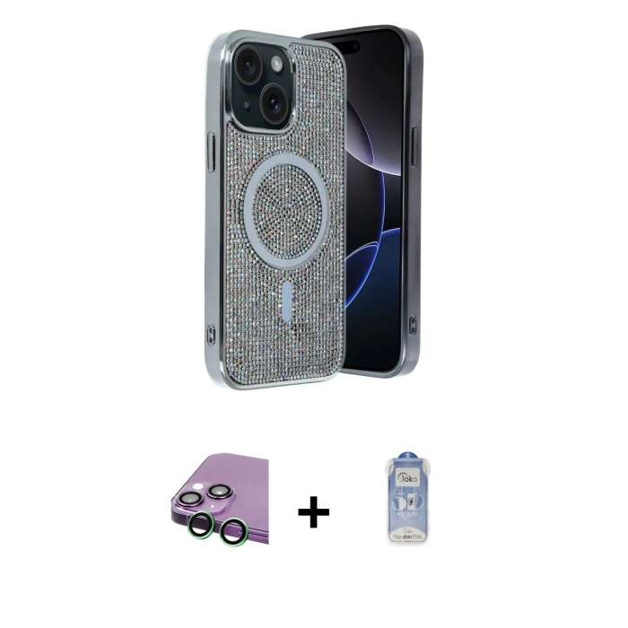 MARSİLYAN™- iPhone 15 Kılıf Eksen Çizgi - Siyah Joko Magic 5D Cam + Raze Metal Kamera Lens - YL