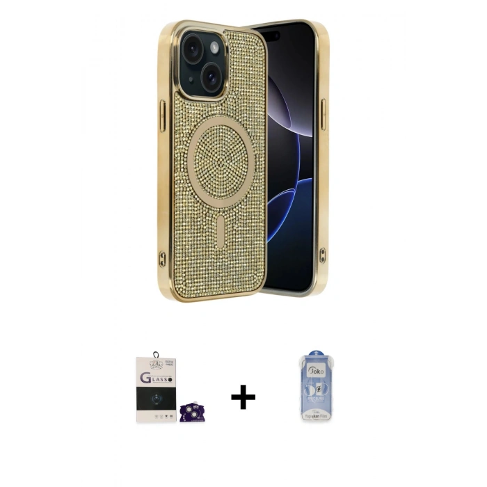 MARSİLYAN™- iPhone 15 Kılıf Eksen Çizgi - Siyah Joko Magic 5D Cam + Yeşil Bilvis Titan Kamera Lens