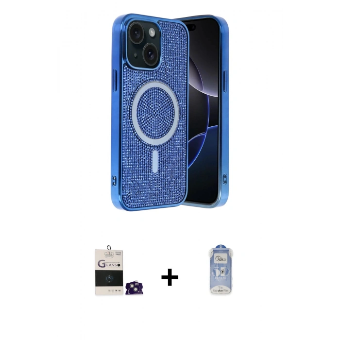MARSİLYAN™- iPhone 15 Kılıf Eksen Çizgi - Siyah Joko Magic 5D Cam + Yeşil Bilvis Titan Kamera Lens