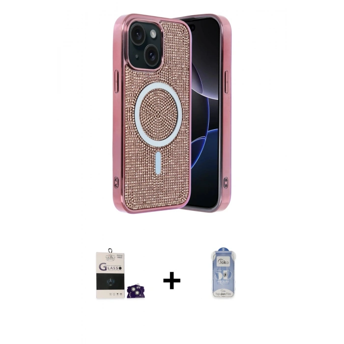 MARSİLYAN™- iPhone 15 Kılıf Eksen Çizgi - Siyah Joko Magic 5D Cam + Yeşil Bilvis Titan Kamera Lens