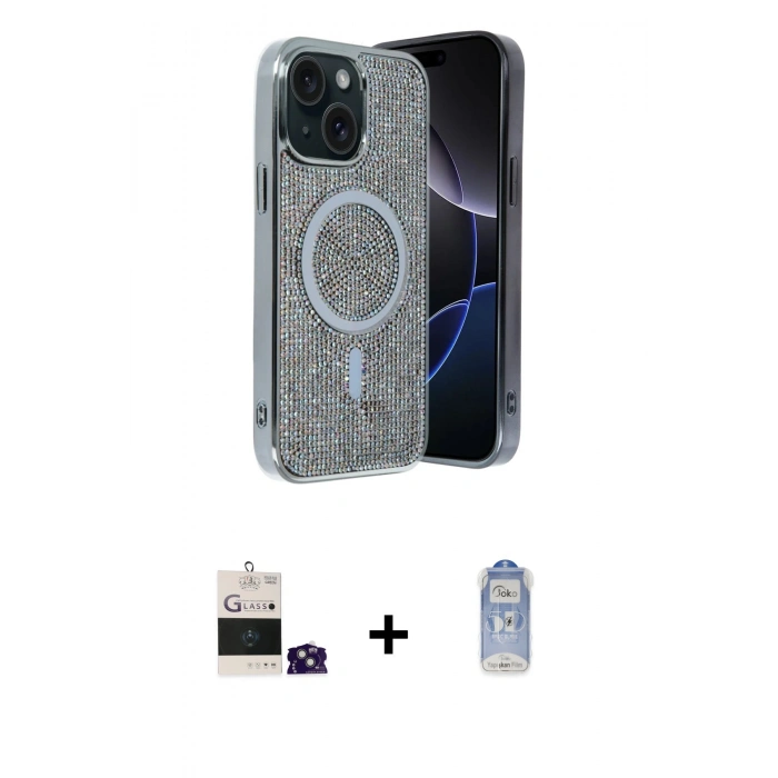 MARSİLYAN™- iPhone 15 Kılıf Eksen Çizgi - Siyah Joko Magic 5D Cam + Yeşil Bilvis Titan Kamera Lens
