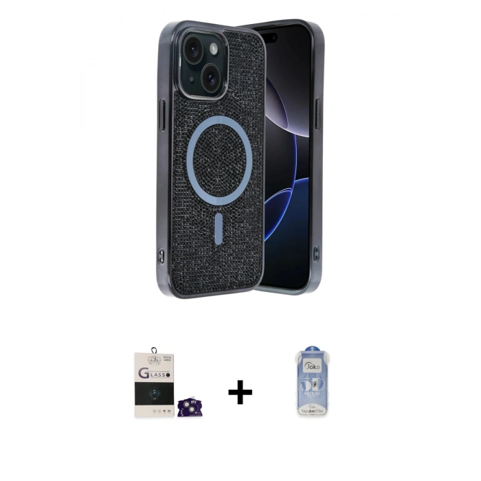 MARSİLYAN™- iPhone 15 Kılıf Eksen Çizgi - Siyah Joko Magic 5D Cam + Yeşil Bilvis Titan Kamera Lens