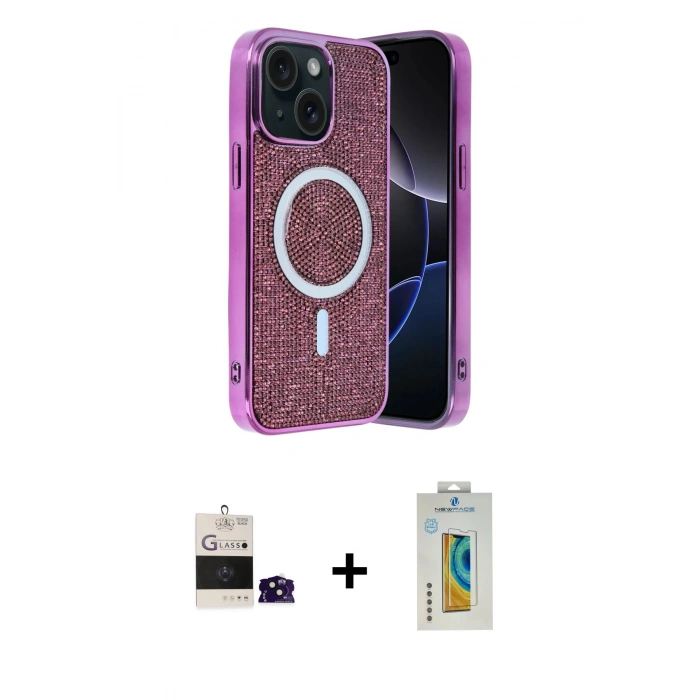 MARSİLYAN™- iPhone 15 Kılıf Eksen Çizgi - Siyah Polymer Nano Ekran Koruyucu + Bilvis Titan Kamera Lens - SH
