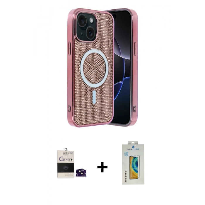 MARSİLYAN™- iPhone 15 Kılıf Eksen Çizgi - Siyah Polymer Nano Ekran Koruyucu + Bilvis Titan Kamera Lens - SH