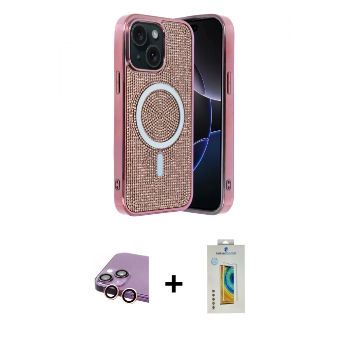 MARSİLYAN™- iPhone 15 Kılıf Eksen Çizgi - Siyah Polymer Nano Ekran Koruyucu + Pembe Raze Metal Kamera Lens