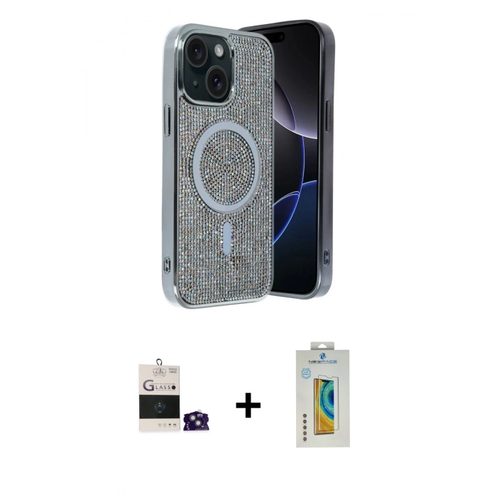 MARSİLYAN™- iPhone 15 Kılıf Eksen Çizgi - Siyah Polymer Nano Ekran Koruyucu + Yeşil Bilvis Titan Kamera Lens