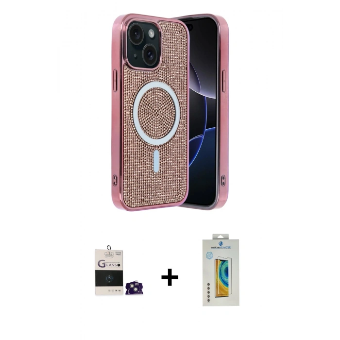 MARSİLYAN™- iPhone 15 Kılıf Eksen Çizgi - Siyah Polymer Nano Ekran Koruyucu + Yeşil Bilvis Titan Kamera Lens