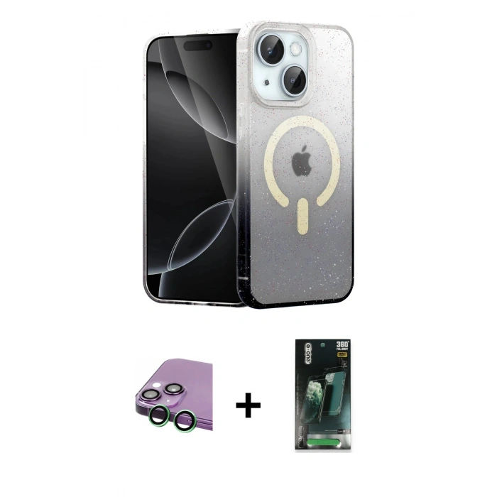 MARSİLYAN™- iPhone 15 Kılıf Eksen Minimal Özel Seri - Şeffaf 360 Full Body Arka Koruyucu + Raze Metal Kamera Lens - YL