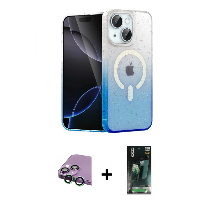 MARSİLYAN™- iPhone 15 Kılıf Eksen Minimal Özel Seri - Şeffaf 360 Full Body Arka Koruyucu + Raze Metal Kamera Lens - YL