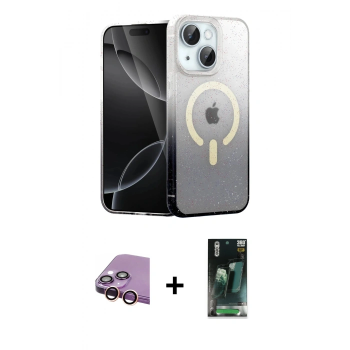 MARSİLYAN™- iPhone 15 Kılıf Eksen Minimal Özel Seri - Siyah 360 Mat Full Body Arka Koruyucu + Raze Metal Kamera Lens - PE