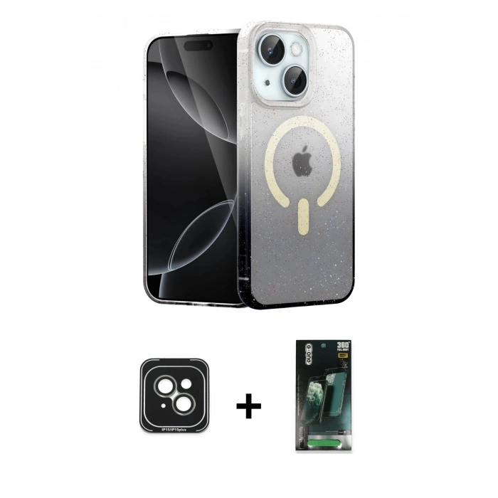 MARSİLYAN™- iPhone 15 Kılıf Eksen Minimal Özel Seri - Siyah 360 Mat Full Body Arka Koruyucu + PVD Metal Kamera Lens - YL