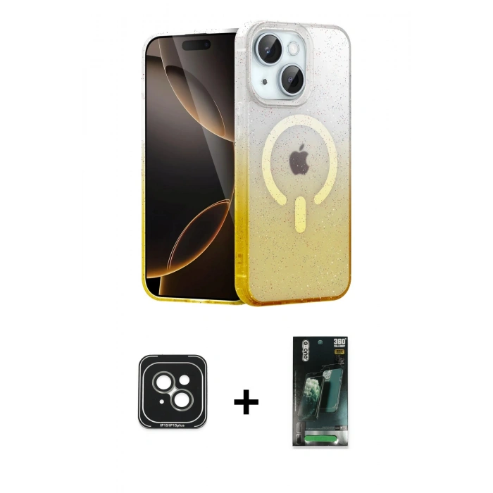 MARSİLYAN™- iPhone 15 Kılıf Eksen Minimal Özel Seri - Siyah 360 Mat Full Body Arka Koruyucu + PVD Metal Kamera Lens - YL