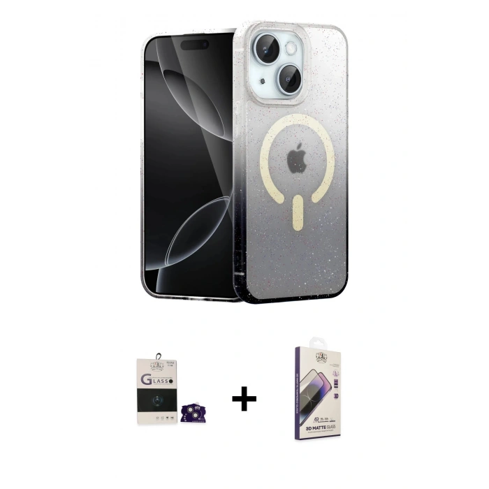 MARSİLYAN™- iPhone 15 Kılıf Eksen Minimal Özel Seri - Siyah Bilvis 3D Mat Cam Ekran Koruyucu + Bilvis Titan Kamera Lens - PE