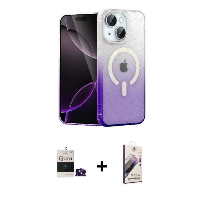 MARSİLYAN™- iPhone 15 Kılıf Eksen Minimal Özel Seri - Siyah Bilvis 3D Mat Cam Ekran Koruyucu + Bilvis Titan Kamera Lens - PE