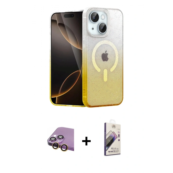 MARSİLYAN™- iPhone 15 Kılıf Eksen Minimal Özel Seri - Siyah Bilvis 3D Mat Cam Ekran Koruyucu + Sarı Raze Metal Kamera Lens