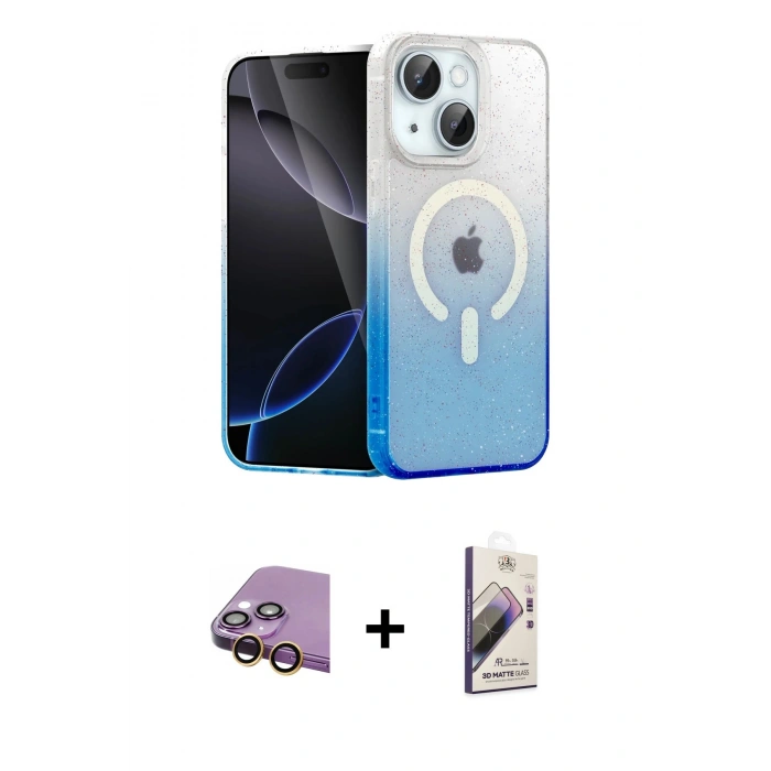 MARSİLYAN™- iPhone 15 Kılıf Eksen Minimal Özel Seri - Siyah Bilvis 3D Mat Cam Ekran Koruyucu + Sarı Raze Metal Kamera Lens