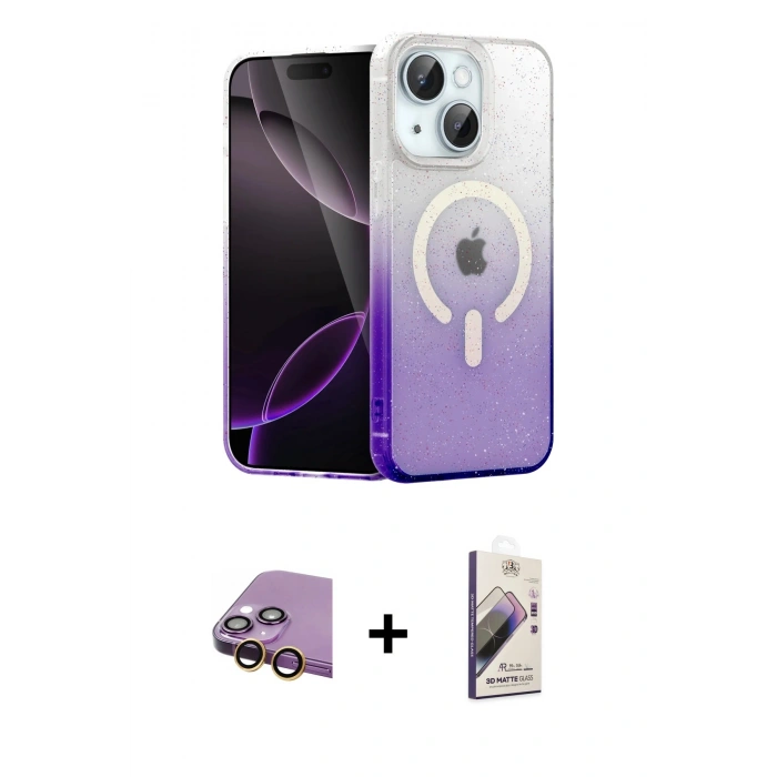 MARSİLYAN™- iPhone 15 Kılıf Eksen Minimal Özel Seri - Siyah Bilvis 3D Mat Cam Ekran Koruyucu + Sarı Raze Metal Kamera Lens