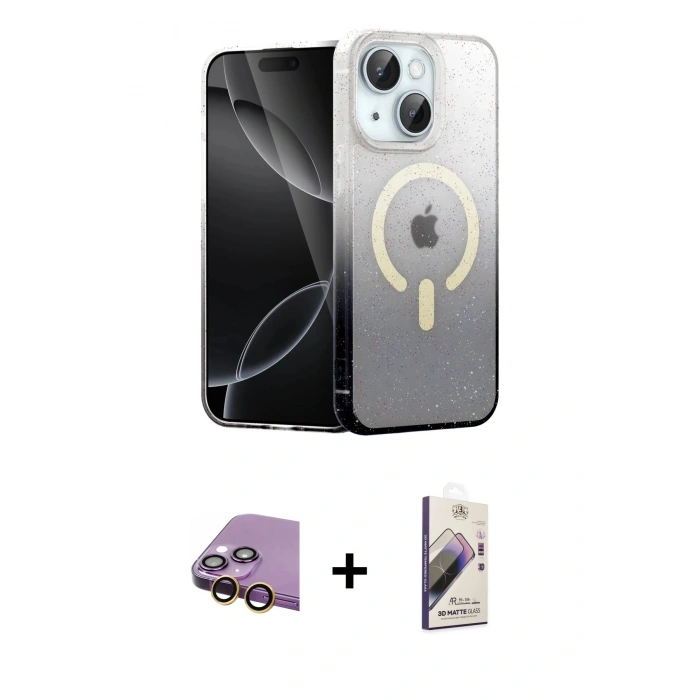MARSİLYAN™- iPhone 15 Kılıf Eksen Minimal Özel Seri - Siyah Bilvis 3D Mat Cam Ekran Koruyucu + Sarı Raze Metal Kamera Lens