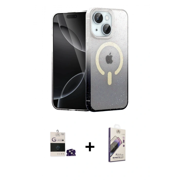 MARSİLYAN™- iPhone 15 Kılıf Eksen Minimal Özel Seri - Siyah Bilvis 3D Mat Cam Ekran Koruyucu + Bilvis Titan Kamera Lens - YL