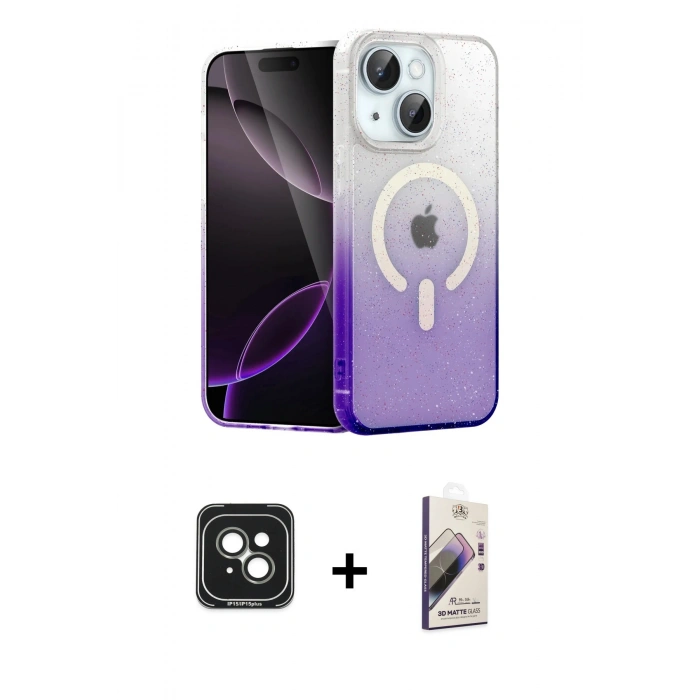 MARSİLYAN™- iPhone 15 Kılıf Eksen Minimal Özel Seri - Siyah Bilvis 3D Mat Cam Ekran Koruyucu + PVD Metal Kamera Lens - YL