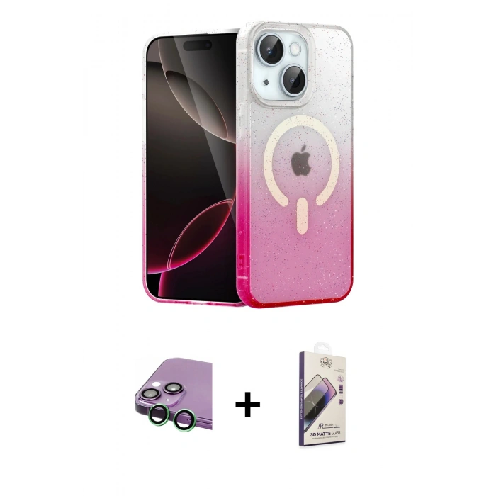 MARSİLYAN™- iPhone 15 Kılıf Eksen Minimal Özel Seri - Siyah Bilvis 3D Mat Cam Ekran Koruyucu + Raze Metal Kamera Lens - YL