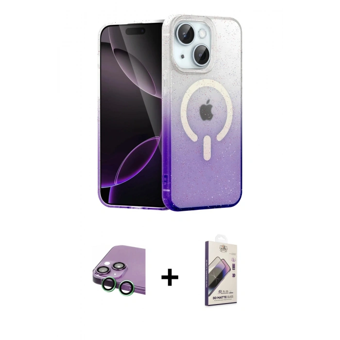 MARSİLYAN™- iPhone 15 Kılıf Eksen Minimal Özel Seri - Siyah Bilvis 3D Mat Cam Ekran Koruyucu + Raze Metal Kamera Lens - YL