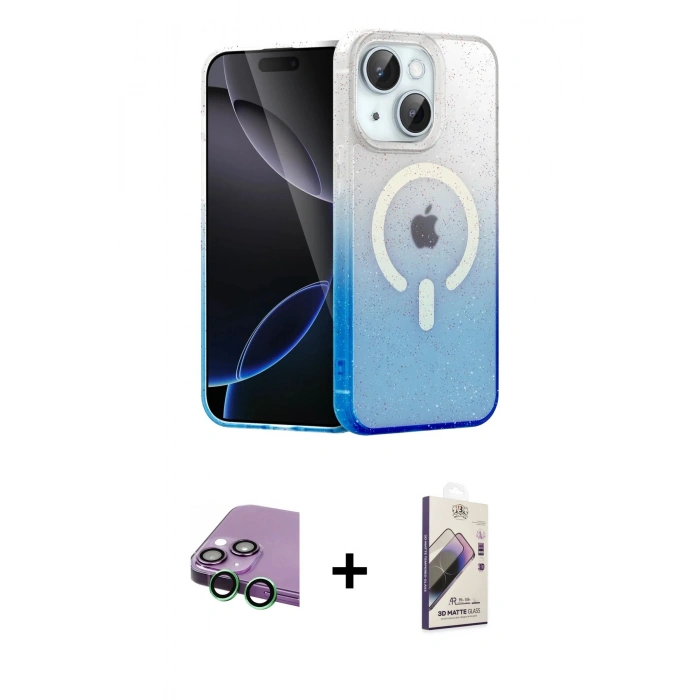 MARSİLYAN™- iPhone 15 Kılıf Eksen Minimal Özel Seri - Siyah Bilvis 3D Mat Cam Ekran Koruyucu + Raze Metal Kamera Lens - YL