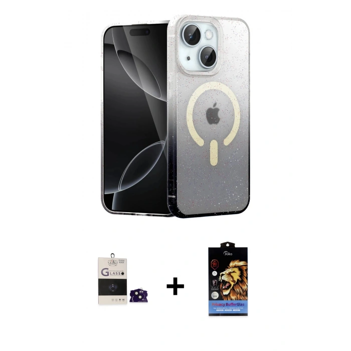 MARSİLYAN™- iPhone 15 Kılıf Eksen Minimal Özel Seri - Siyah Buffer Hayalet Cam Ekran Koruyucu + Bilvis Titan Kamera Lens - SH
