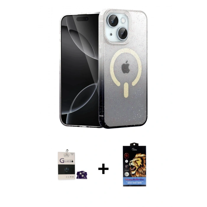 MARSİLYAN™- iPhone 15 Kılıf Eksen Minimal Özel Seri - Siyah Buffer Hayalet Cam Ekran Koruyucu + Bilvis Titan Kamera Lens - PE