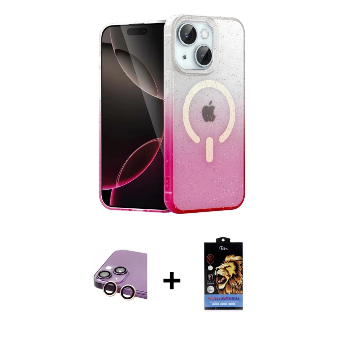 MARSİLYAN™- iPhone 15 Kılıf Eksen Minimal Özel Seri - Siyah Buffer Hayalet Cam Ekran Koruyucu + Raze Metal Kamera Lens - PE
