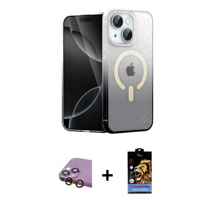 MARSİLYAN™- iPhone 15 Kılıf Eksen Minimal Özel Seri - Siyah Buffer Hayalet Cam Ekran Koruyucu + Raze Metal Kamera Lens - SI