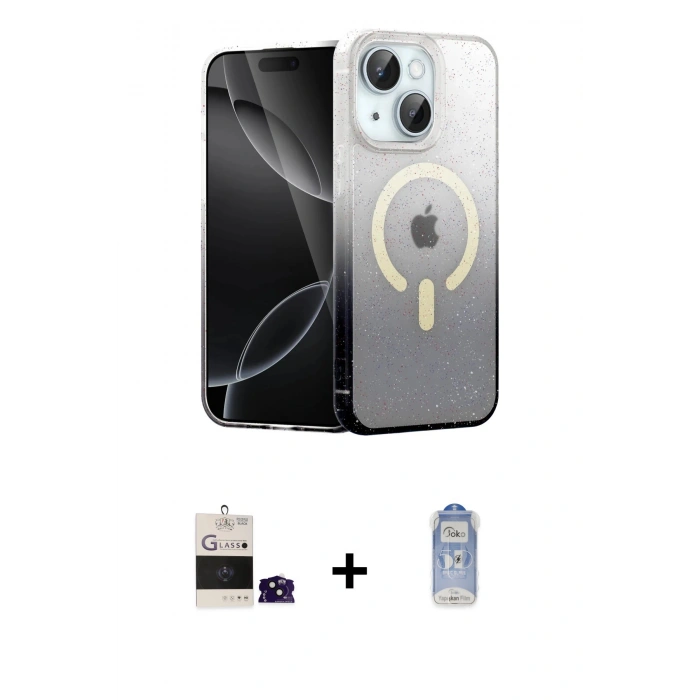 MARSİLYAN™- iPhone 15 Kılıf Eksen Minimal Özel Seri - Siyah Joko Magic 5D Cam + Bilvis Titan Kamera Lens - SH