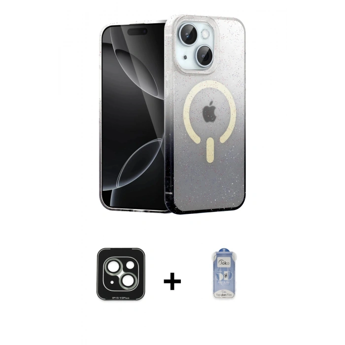 MARSİLYAN™- iPhone 15 Kılıf Eksen Minimal Özel Seri - Siyah Joko Magic 5D Cam + PVD Metal Kamera Lens - YL