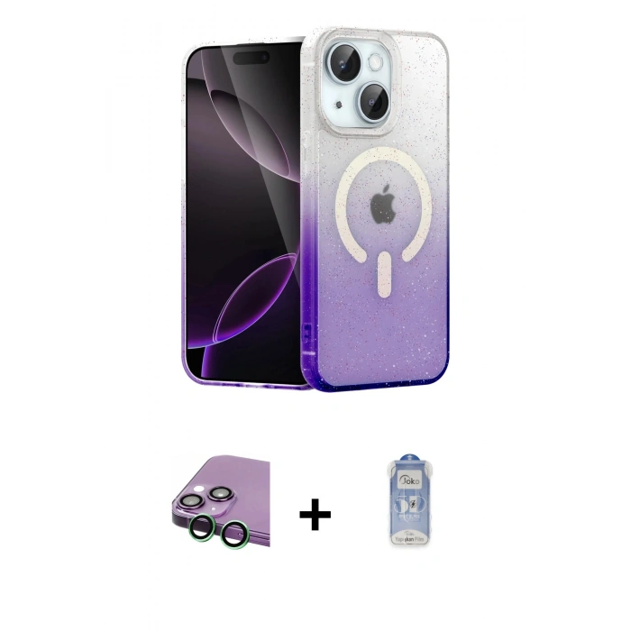 MARSİLYAN™- iPhone 15 Kılıf Eksen Minimal Özel Seri - Siyah Joko Magic 5D Cam + Raze Metal Kamera Lens - YL