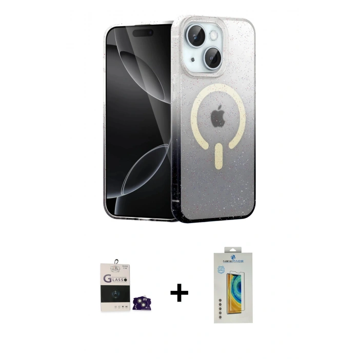 MARSİLYAN™- iPhone 15 Kılıf Eksen Minimal Özel Seri - Siyah Polymer Nano Ekran Koruyucu + Bilvis Titan Kamera Lens - PE
