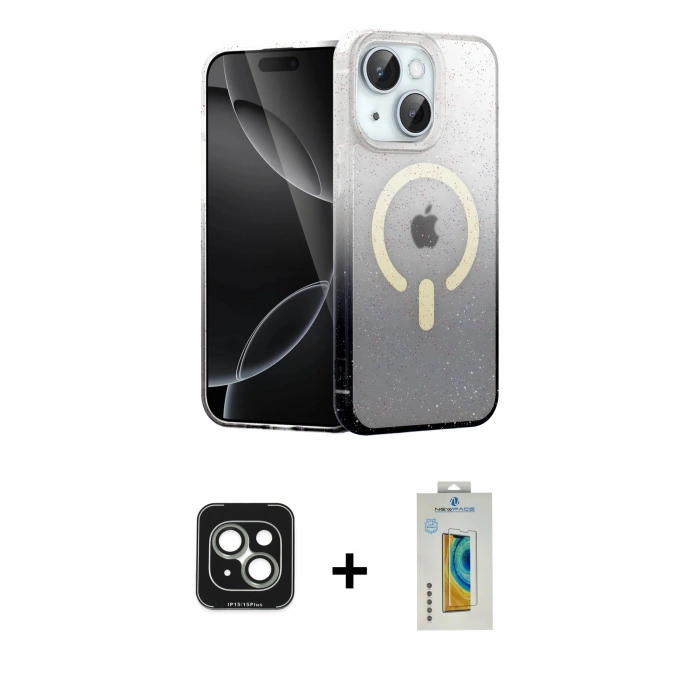MARSİLYAN™- iPhone 15 Kılıf Eksen Minimal Özel Seri - Siyah Polymer Nano Ekran Koruyucu + PVD Metal Kamera Lens - YL