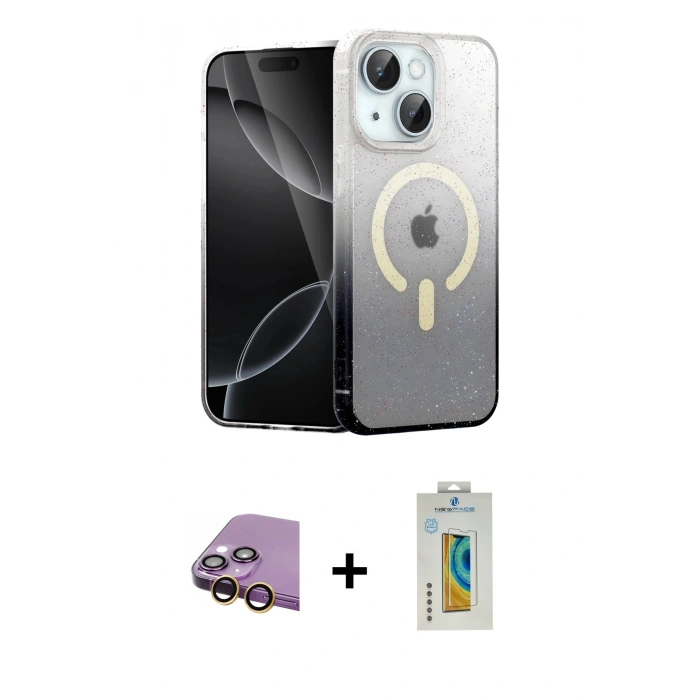 MARSİLYAN™- iPhone 15 Kılıf Eksen Minimal Özel Seri - Siyah Polymer Nano Ekran Koruyucu + Raze Metal Kamera Lens - SI