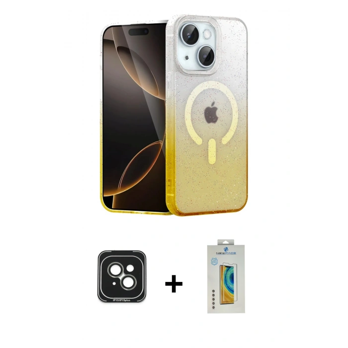 MARSİLYAN™- iPhone 15 Kılıf Eksen Minimal Özel Seri - Siyah Polymer Nano Ekran Koruyucu + PVD Metal Kamera Lens - YL