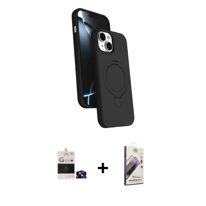 MARSİLYAN™- iPhone 15 Kılıf İz Işık Koleksiyonu - Siyah Bilvis 3D Mat Cam Ekran Koruyucu + Bilvis Titan Kamera Lens - YL