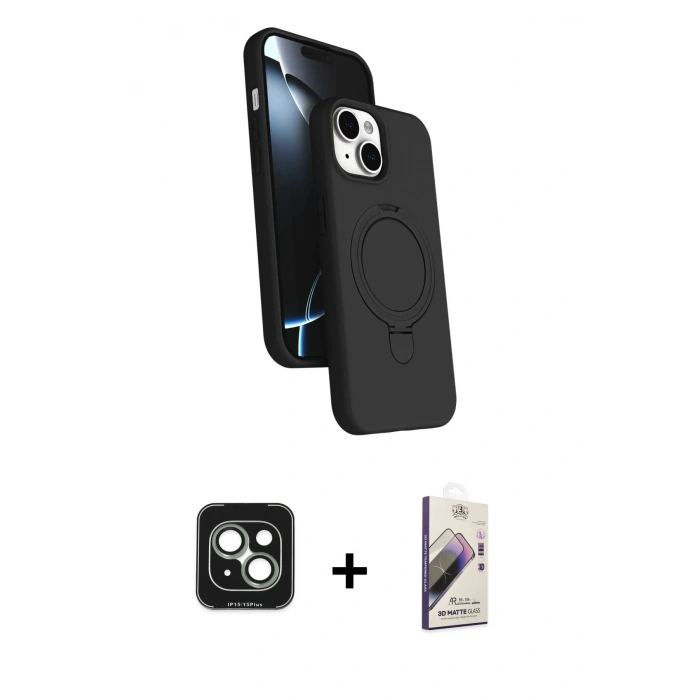 MARSİLYAN™- iPhone 15 Kılıf İz Işık Koleksiyonu - Siyah Bilvis 3D Mat Cam Ekran Koruyucu + PVD Metal Kamera Lens - YL