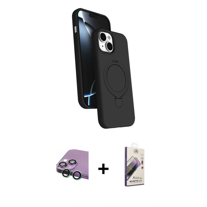 MARSİLYAN™- iPhone 15 Kılıf İz Işık Koleksiyonu - Siyah Bilvis 3D Mat Cam Ekran Koruyucu + Raze Metal Kamera Lens - YL