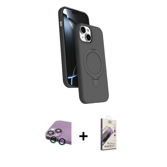 MARSİLYAN™- iPhone 15 Kılıf İz Işık Koleksiyonu - Siyah Bilvis 3D Mat Cam Ekran Koruyucu + Raze Metal Kamera Lens - YL
