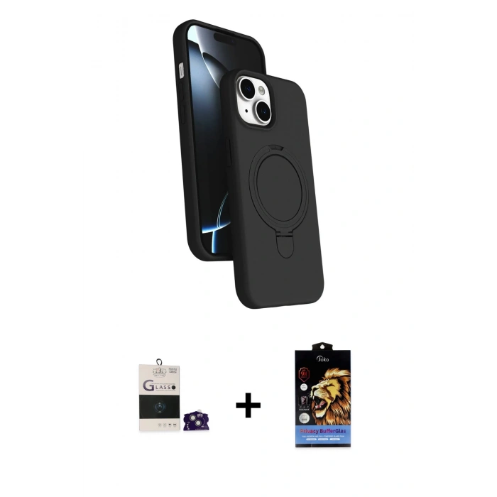 MARSİLYAN™- iPhone 15 Kılıf İz Işık Koleksiyonu - Siyah Buffer Hayalet Cam Ekran Koruyucu + Bilvis Titan Kamera Lens - YL