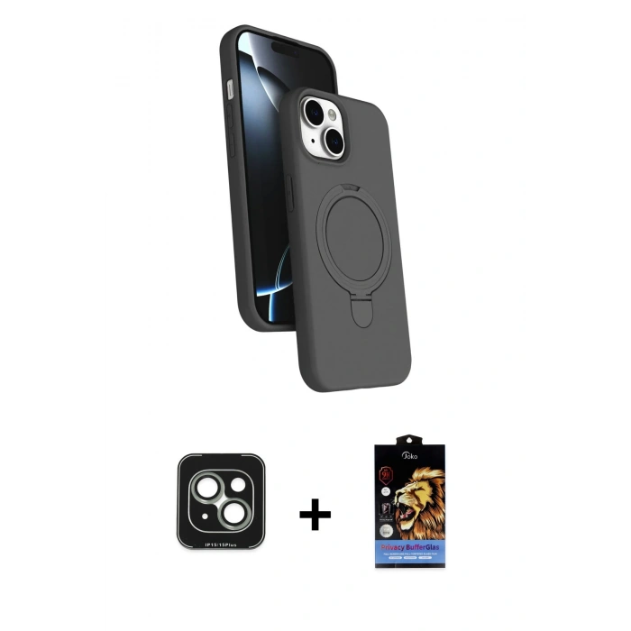 MARSİLYAN™- iPhone 15 Kılıf İz Işık Koleksiyonu - Siyah Buffer Hayalet Cam Ekran Koruyucu + Yeşil PVD Metal Kamera Lens