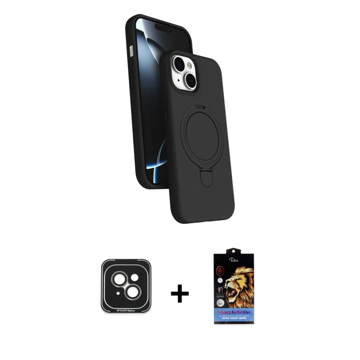 MARSİLYAN™- iPhone 15 Kılıf İz Işık Koleksiyonu - Siyah Buffer Hayalet Cam Ekran Koruyucu + Yeşil PVD Metal Kamera Lens