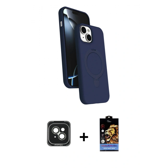 MARSİLYAN™- iPhone 15 Kılıf İz Işık Koleksiyonu - Siyah Buffer Hayalet Cam Ekran Koruyucu + Yeşil PVD Metal Kamera Lens